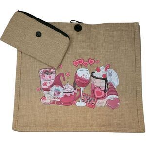 Beige Tote with Pink Heart Design